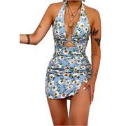 HEYPORK Damen Frühling Sommer Casual Mode Bequem Kleider Elegant Rock Frauen Gedruckt Sexy Halter Backless Einteiligen Badeanzug(D Blau, XL)