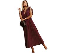 HEYPORK Damen Frühling Sommer Kleider Bequem Lässig Kleid Mode Elegant Röcke Frauen Temperament Langes Kleid Geraffte Ärmel Chiffon Faltenrock Feste Farbe Kleider(Rot, XL)