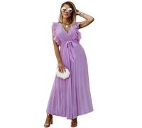 HEYPORK Damen Frühling Sommer Kleider Bequem Lässig Kleid Mode Elegant Röcke Frauen Temperament Langes Kleid Geraffte Ärmel Chiffon Faltenrock Feste Farbe Kleider(A Lila, M)