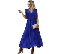HEYPORK Damen Frühling Sommer Kleider Bequem Lässig Kleid Mode Elegant Röcke Frauen Temperament Langes Kleid Geraffte Ärmel Chiffon Faltenrock Feste Farbe Kleider(Blau, L)