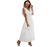 HEYPORK Damen Frühling Sommer Kleider Bequem Lässig Kleid Mode Elegant Röcke Frauen Temperament Langes Kleid Geraffte Ärmel Chiffon Faltenrock Feste Farbe Kleider(Weiß, L)