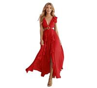 HEYPORK Damen Frühling Sommer Kleider Lässig Bequem Kleid Modern Elegant Röcke Frauen Slim Rückenfreies Kleid V-Ausschnitt Gerafften Schlitz Langen Rock(Rot, M)