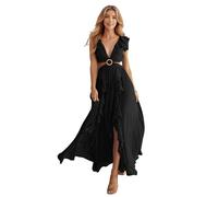 HEYPORK Damen Frühling Sommer Kleider Lässig Bequem Kleid Modern Elegant Röcke Frauen Slim Rückenfreies Kleid V-Ausschnitt Gerafften Schlitz Langen Rock(Schwarz, M)