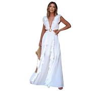 HEYPORK Damen Frühling Sommer Kleider Lässig Bequem Kleid Modern Elegant Röcke Frauen Slim Rückenfreies Kleid V-Ausschnitt Gerafften Schlitz Langen Rock(Weiß, M)