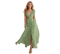 HEYPORK Damen Frühling Sommer Kleider Lässig Bequem Kleid Modern Elegant Röcke Frauen Slim Rückenfreies Kleid V-Ausschnitt Gerafften Schlitz Langen Rock(Grün, L)