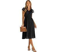 HEYPORK Damen Frühling Sommer Rock Bequem Lässig Kleider Mode Elegant Röcke Frauen Beiläufige Feste Farbe V-Ausschnitt Taille Abnehmender Frischer Stil Kleid(Schwarz, XL)