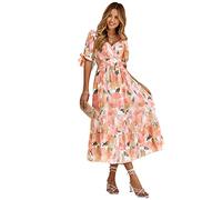 HEYPORK Damen Frühling Sommer Rock Bequem Lässig Kleider Mode Elegant Röcke Frauen Gedruckt Taille Versammlung Puffärmel V-Ausschnitt Kleid Lang(Rosa, M)