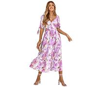 HEYPORK Damen Frühling Sommer Rock Bequem Lässig Kleider Mode Elegant Röcke Frauen Gedruckt Taille Versammlung Puffärmel V-Ausschnitt Kleid Lang(Lila, M)