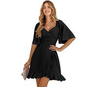 HEYPORK Damen Frühling Sommer Rock Bequem Lässig Kleider Mode Elegant Röcke Frauen V-Ausschnitt Einfarbig Taille Verkleinernde Rüsche Kleid(A Schwarz, XL)