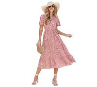 HEYPORK Damen Frühling Sommer Rock Bequem Lässig Kleider Mode Elegant Röcke Frauen V-Ausschnitt Ruffle Ärmel Bedrucktes Kleid(B Rot, M)