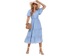 HEYPORK Damen Frühling Sommer Rock Bequem Lässig Kleider Mode Elegant Röcke Frauen V-Ausschnitt Ruffle Ärmel Bedrucktes Kleid(C Blau, XL)