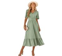 HEYPORK Damen Frühling Sommer Rock Bequem Lässig Kleider Mode Elegant Röcke Frauen V-Ausschnitt Solide Farbe Lotus Blatt Ärmel Lässig Langes Kleid(Hellgrün, L)