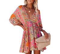 HEYPORK Damen Frühling Sommer Rock Bequem Lässig Kleider Mode Frauen Röcke Ethnischer Druck V-Ausschnitt Langarm Taille Freizeitkleid(Rot, L)