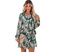 HEYPORK Damen Frühling Sommer Rock Bequem Lässig Kleider Mode Frauen Röcke Mode Gedruckt Lange Ärmel V-Ausschnitt Resort Style Casual Dress(Grün, L)