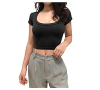 HEYPORK Damen Frühling Sommer Top Bluse Bequem Lässig T-Shirt Mode Blusen Frauen Square Neck Atmungsaktiv Super Kurzarm T-Shirt(Schwarz, M)