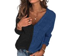 HEYPORK Damen Herbst Winter Warm Bequem Casual Mode Strickjacke Strickpullover Frauen Pullover Patchwork Rundhals Mode Persönlichkeit Stricken Pullover(Blau, L)