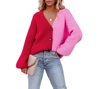HEYPORK Damen Herbst Winter Warm Bequem Jacke Casual Mode übergangsjacke Mantel Frauen Gestrickt Rosa Einreihig Patchwork Strickjacke(Rot, M)