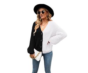 HEYPORK Damen Herbst Winter Warm Bequem Jacke Casual Mode übergangsjacke Mantel Frauen Gestrickt Rosa Einreihig Patchwork Strickjacke(Schwarz, XL)