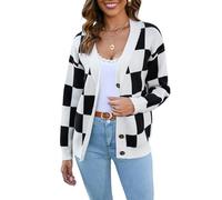 HEYPORK Damen Herbst Winter Warm Bequem Jacke Casual Mode übergangsjacke Mantel Frauen Karierten Pullover Patchwork Strickjacke Top Gestrickte Jacke(Schwarz, L)