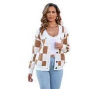 HEYPORK Damen Herbst Winter Warm Bequem Jacke Casual Mode übergangsjacke Mantel Frauen Karierten Pullover Patchwork Strickjacke Top Gestrickte Jacke(Kaffee, M)