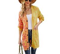 HEYPORK Damen Herbst Winter Warm Bequem Jacke Casual Mode übergangsjacke Mantel Frauen Leopardenmuster Pullover Strickpullover Strickjacke Mittellange Jacke(Gelb, M)