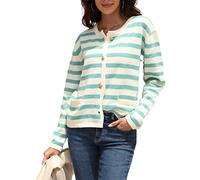 HEYPORK Damen Herbst Winter Warm Bequem Jacke Casual Mode übergangsjacke Mantel Frauen Loose Knitted Sweater Rundhals Gestreifte Strickjacke Pullover(Grün, XL)