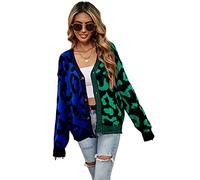 HEYPORK Damen Herbst Winter Warm Bequem Jacke Casual Mode übergangsjacke Mantel Frauen Pullover Leopardenmuster Patchwork Strickjacke Knopfleiste Strickpullover(Blau, M)