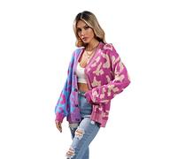 HEYPORK Damen Herbst Winter Warm Bequem Jacke Casual Mode übergangsjacke Mantel Frauen Pullover Leopardenmuster Patchwork Strickjacke Knopfleiste Strickpullover(Lila, M)