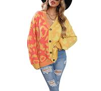 HEYPORK Damen Herbst Winter Warm Bequem Jacke Casual Mode übergangsjacke Mantel Frauen Pullover Leopardenmuster Patchwork Strickjacke Knopfleiste Strickpullover(Gelb, XL)