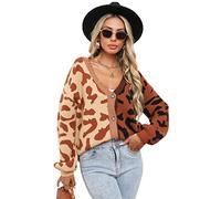 HEYPORK Damen Herbst Winter Warm Bequem Jacke Casual Mode übergangsjacke Mantel Frauen Pullover Leopardenmuster Patchwork Strickjacke Knopfleiste Strickpullover(Braun, M)