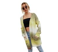 HEYPORK Damen Herbst Winter Warm Bequem Jacke Casual Mode übergangsjacke Mantel Frauen Pullover Regenbogen Mittlere Länge Strickjacke Tasche Gestrickt Jacke(Gelb, 2XL)