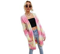 HEYPORK Damen Herbst Winter Warm Bequem Jacke Casual Mode übergangsjacke Mantel Frauen Pullover Regenbogen Mittlere Länge Strickjacke Tasche Gestrickt Jacke(Rot, 2XL)