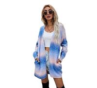 HEYPORK Damen Herbst Winter Warm Bequem Jacke Casual Mode übergangsjacke Mantel Frauen Pullover Regenbogen Mittlere Länge Strickjacke Tasche Gestrickt Jacke(Blau, 3XL)