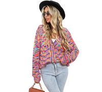 HEYPORK Damen Herbst Winter Warm Bequem Jacke Casual Mode übergangsjacke Mantel Frauen Regenbogen Inter-farbigen Kurze Strickjacke Gestrickt Button Down Jacke(Rot, XL)