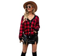 HEYPORK Damen Herbst Winter Warm Bequem Jacke Casual Mode übergangsjacke Mantel Frauen Strickhemd Kariert Schwarz Einreihig Strickjacke Slim Dressy Pullover Jacke(Rot, M)