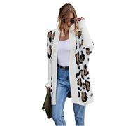 HEYPORK Damen Herbst Winter Warm Bequem Jacke Casual Mode übergangsjacke Mantel Frauen Strickjacke Jacke Persönlichkeit Mode Leopardenmuster Gestrickt Pullover(Weiß, M)