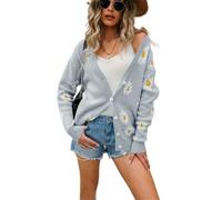 HEYPORK Damen Herbst Winter Warm Bequem Jacke Casual Mode übergangsjacke Mantel Frauen Strickjacke Pullover Strickjacke Bedruckt Gänseblümchen Pullover(Grau, M)