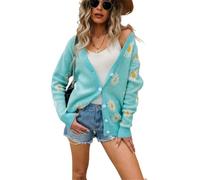 HEYPORK Damen Herbst Winter Warm Bequem Jacke Casual Mode übergangsjacke Mantel Frauen Strickjacke Pullover Strickjacke Bedruckt Gänseblümchen Pullover(D Grün, L)