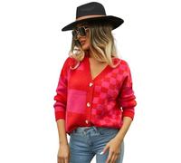 HEYPORK Damen Herbst Winter Warm Bequem Jacke Casual Mode übergangsjacke Mantel Frauen Strickwaren Karierten Patchwork-Pullover Strickjacke(Rot, XL)