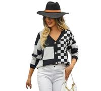 HEYPORK Damen Herbst Winter Warm Bequem Jacke Casual Mode übergangsjacke Mantel Frauen Strickwaren Karierten Patchwork-Pullover Strickjacke(Schwarz, M)