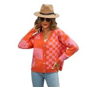HEYPORK Damen Herbst Winter Warm Bequem Jacke Casual Mode übergangsjacke Mantel Frauen Strickwaren Karierten Patchwork-Pullover Strickjacke(Orange, L)