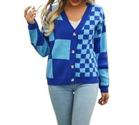 HEYPORK Damen Herbst Winter Warm Bequem Jacke Casual Mode übergangsjacke Mantel Frauen Strickwaren Karierten Patchwork-Pullover Strickjacke(Blau, M)