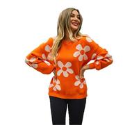 HEYPORK Damen Herbst Winter Warm Bequem Pullover Casual Mode Strickjacke Strickpullover Frauen Bedruckte Pullover Blume Pullover(Orange, M)
