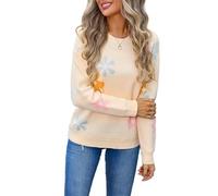 HEYPORK Damen Herbst Winter Warm Bequem Pullover Casual Mode Strickjacke Strickpullover Frauen Bedruckte Blume Pullover Shirt(Aprikose, XL)