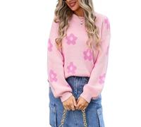 HEYPORK Damen Herbst Winter Warm Bequem Pullover Casual Mode Strickjacke Strickpullover Frauen Blume Langarm Rundhals Strickwaren Bedruckte Pullover(Rosa, XL)