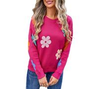 HEYPORK Damen Herbst Winter Warm Bequem Pullover Casual Mode Strickjacke Strickpullover Frauen Blume Colour Blocking Rundhals Peplum Strickpullover(Rosenrot, M)