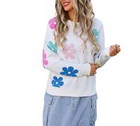 HEYPORK Damen Herbst Winter Warm Bequem Pullover Casual Mode Strickjacke Strickpullover Frauen Blume Colour Blocking Rundhals Peplum Strickpullover(Weiß, M)