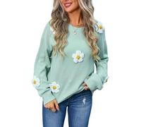 HEYPORK Damen Herbst Winter Warm Bequem Pullover Casual Mode Strickjacke Strickpullover Frauen Blume Pullover Rundhals Langarm Strickwaren(Grün, M)