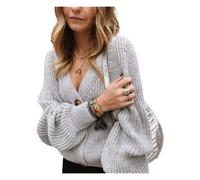 HEYPORK Damen Herbst Winter Warm Bequem Pullover Casual Mode Strickjacke Strickpullover Frauen Einfarbiger Pullover Cardigan Gekürzte Strickwaren(Grau, 2XL)