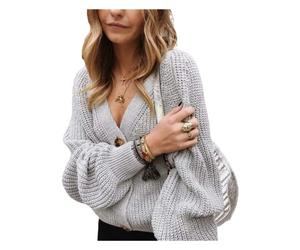 HEYPORK Damen Herbst Winter Warm Bequem Pullover Casual Mode Strickjacke Strickpullover Frauen Einfarbiger Pullover Cardigan Gekürzte Strickwaren(Grau, M)